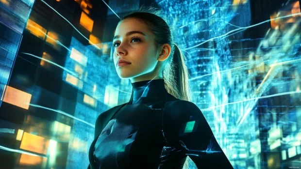 A confident girl in a modern cityscape at night, glowing billboards and reflections surrounding her.