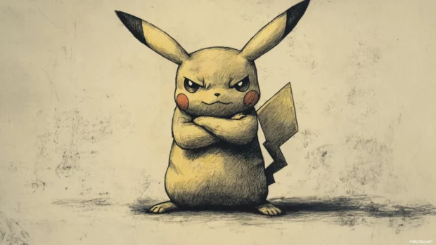 A cool stance from Pikachu as it crosses its arms and raises one brow on a grey gradient backdrop.