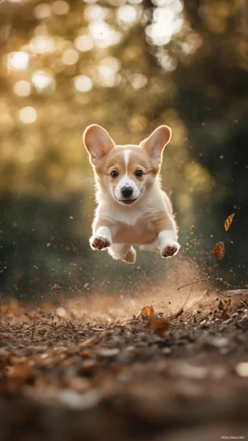 A corgi puppy jumping in slow motion with motion blur effects.