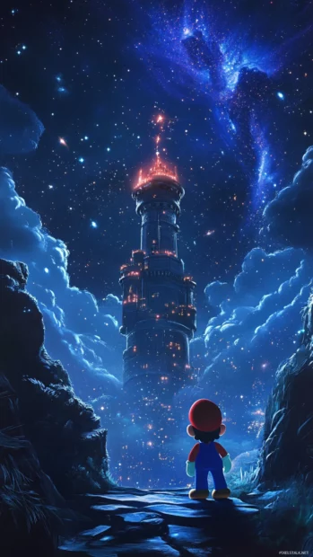 A corridor of light connects Mario to a shimmering tower that floats between stars.