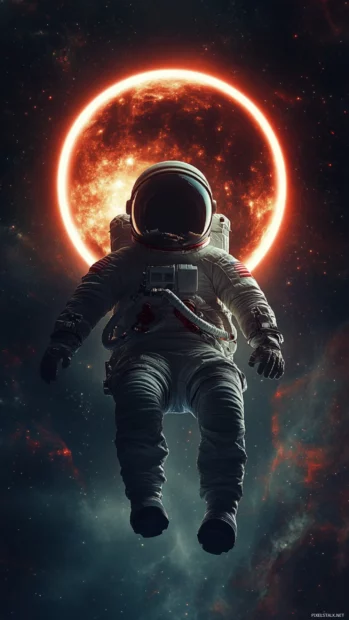 A cosmic eclipse behind a floating astronaut, with sharp contrast and deep shadows.