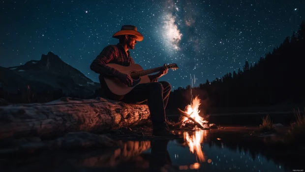 A cowboy campfire scene at night, with a cowboy sitting on a log, playing a guitar under a sky full of stars.