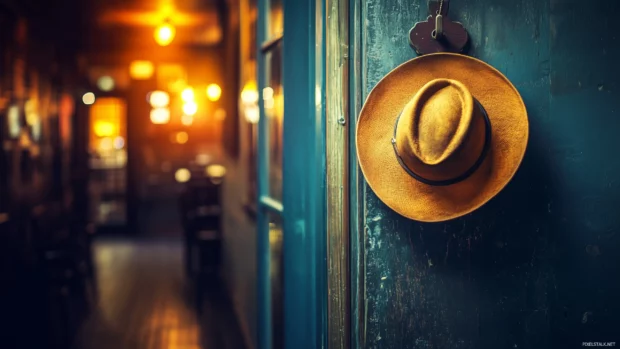 A cowboy hat hanging on a rustic hook by the door of a western saloon, with the soft glow of evening light spilling in through the doorway.