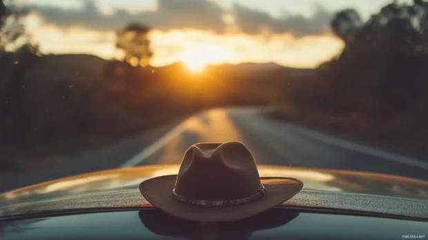 A cowboy hat on a wooden table next to a cracked leather boot and a lasso, with a backdrop of a dry, sun scorched desert landscape.