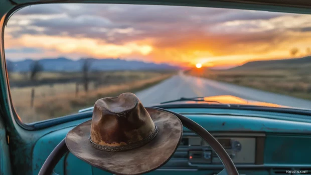 A cowboy hat on the dashboard of a vintage pickup truck, with the open road stretching out ahead and the sun setting in the distance.