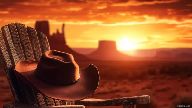A cowboy hat placed on a rustic wooden chair in front of a sunset lit western landscape, with a distant mountain range and a fading orange sky.
