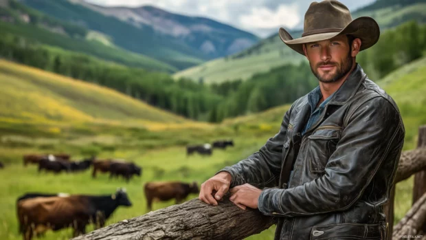 A cowboy in a leather jacket leaning against a rustic wooden fence, with rolling hills and grazing cattle in the background.