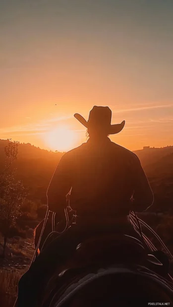 A cowboy on horseback silhouetted against the setting sun, with his lasso in hand and the wide open plains stretching out.