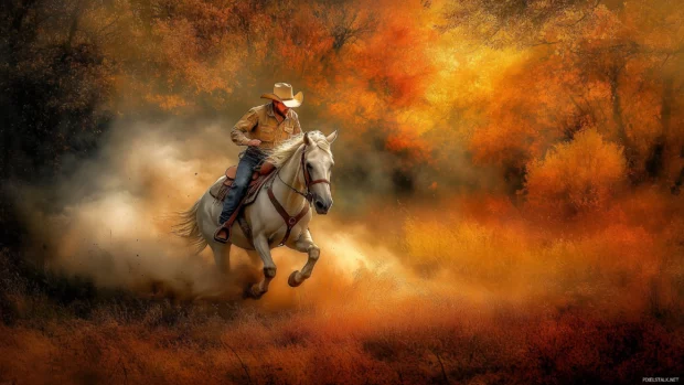 A cowboy riding at full gallop through a field, his horse kicking up dust as the wind catches his coa.