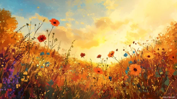 A cozy autumn landscape dancing with vibrant wildflowers, Charming pretty laptop wallpaper design.