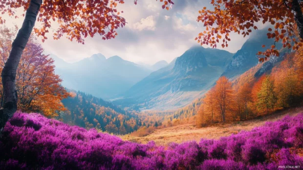 A cozy autumn landscape framed by distant purple mountains, Floral pretty wallpaper for laptop.