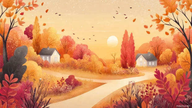 A cozy autumn landscape highlighted by warm evening colors, Elegant pretty floral wallpaper.