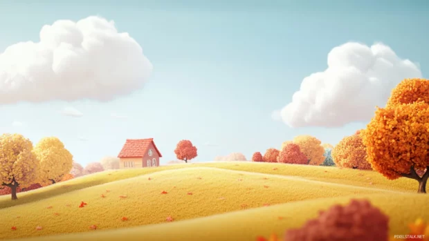 A cozy autumn landscape spreading across endless rolling hills, Dreamy pretty background for laptop.