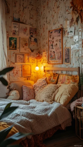 A cozy bedroom corner full of girly collage wallpapers and warm lights.