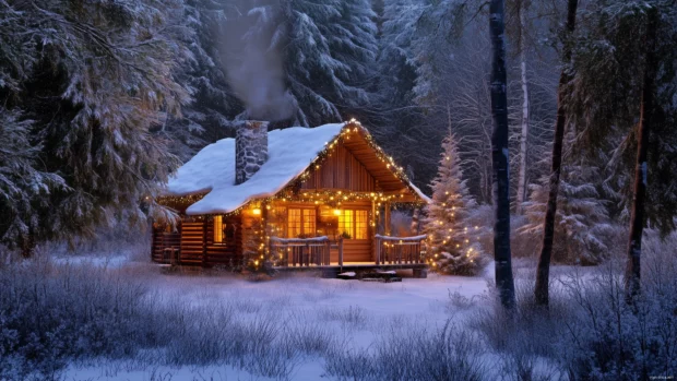 A cozy cabin in the woods with smoke coming out of the chimney, decorated with Christmas lights and surrounded by trees covered in snow.