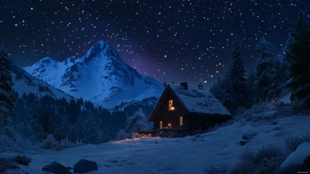 A cozy cabin rests beneath a starlit alpine sky.