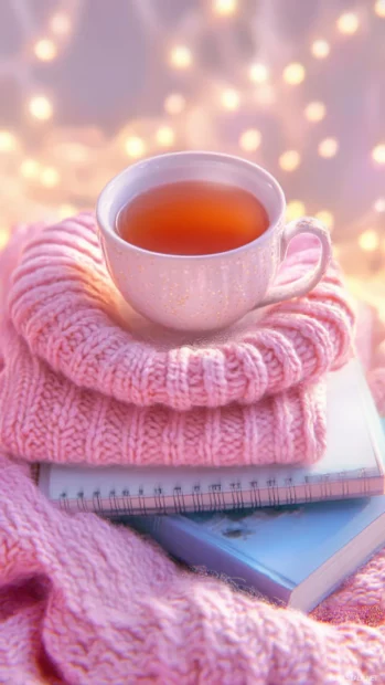 A cozy knit sweater and tea cup on pastel notebook stack.