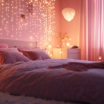 A cozy pink bedroom scene with fairy lights, ideal for pink room desktop backgrounds.