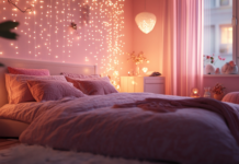 A cozy pink bedroom scene with fairy lights, ideal for pink room desktop backgrounds.