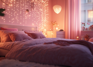 A cozy pink bedroom scene with fairy lights, ideal for pink room desktop backgrounds.