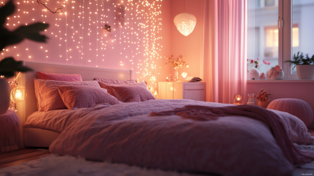A cozy pink bedroom scene with fairy lights, ideal for pink room desktop backgrounds.