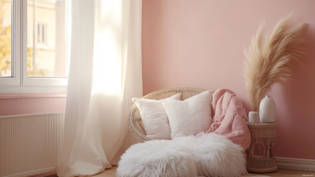 A cozy reading corner with pink walls and fluffy pillows.