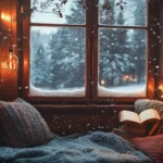 A cozy reading nook by the window with falling snow outside.