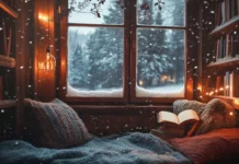 A cozy reading nook by the window with falling snow outside.