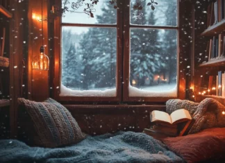 A cozy reading nook by the window with falling snow outside.