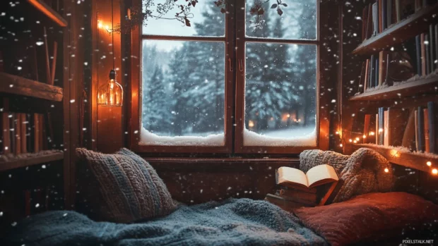 A cozy reading nook by the window with falling snow outside.