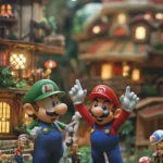 A cozy village background surrounds Mario and Luigi as they wave to cheering Toads.