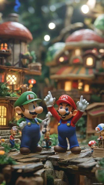 A cozy village background surrounds Mario and Luigi as they wave to cheering Toads.