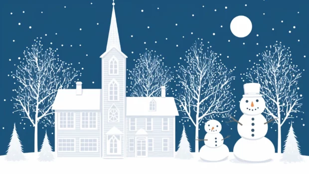 A cozy winter village with adorable snowmen and animals building snow forts, set against a backdrop of twinkling stars and a bright moon.