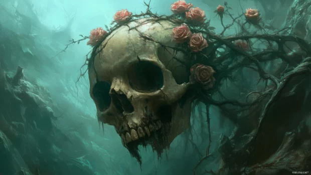 A cracked skull with decaying roses growing through it, accented by soft, smoky shadows and a haunting yet beautiful ambiance.