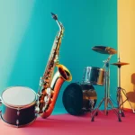A creative composition of musical instruments, including a saxophone, trumpet, and drum, arranged in a colorful, abstract style on a bright backdrop, highlighting their shapes and textures.