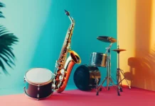 A creative composition of musical instruments, including a saxophone, trumpet, and drum, arranged in a colorful, abstract style on a bright backdrop, highlighting their shapes and textures.