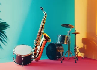 A creative composition of musical instruments, including a saxophone, trumpet, and drum, arranged in a colorful, abstract style on a bright backdrop, highlighting their shapes and textures.