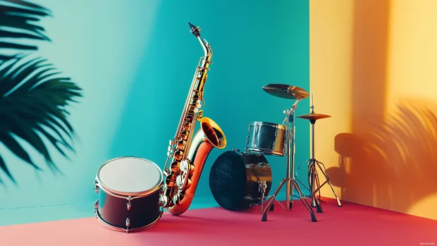 A creative composition of musical instruments, including a saxophone, trumpet, and drum, arranged in a colorful, abstract style on a bright backdrop, highlighting their shapes and textures.