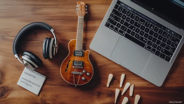 A creative flat lay of essential studio tools, including headphones, a laptop with music software open, guitar picks, and a notepad, arranged on a wooden desk.