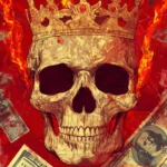 A crowned skull with a stern look, surrounded by dollar bills and flames, in a sharp and edgy vector style.