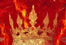 A crowned skull with a stern look, surrounded by dollar bills and flames, in a sharp and edgy vector style.
