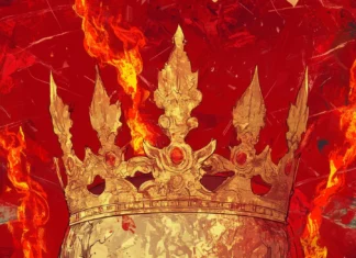 A crowned skull with a stern look, surrounded by dollar bills and flames, in a sharp and edgy vector style.