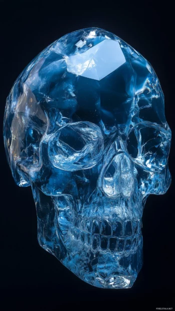 A crystal like blue skull with light passing through, creating delicate refractions and shimmering highlights, against a dark background.