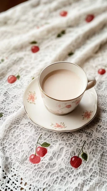 A cup of strawberry milk tea on a lace napkin with cherry motifs.