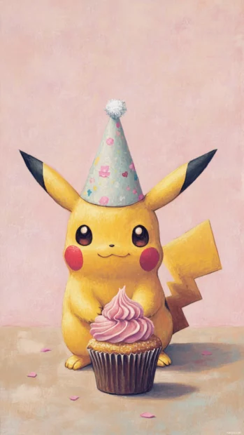 A cupcake sits in front of Pikachu who wears a party hat and waits with a blush.