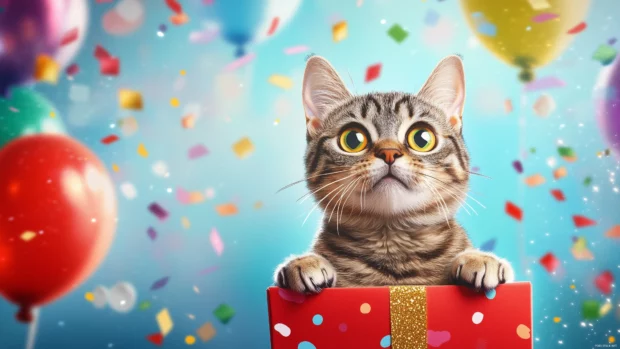 A curious cat peeking out of a gift box, surrounded by colorful confetti and balloons, with a cheerful party theme.