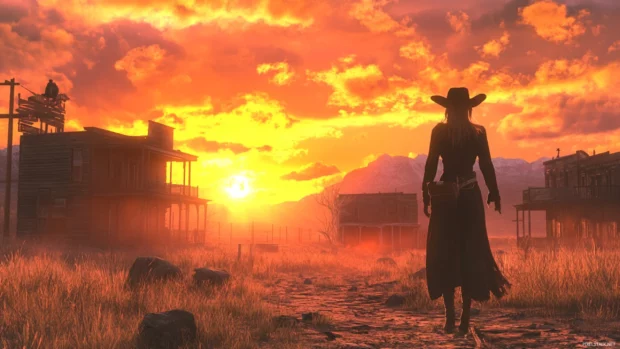 A curious cowgirl exploring an old ghost town at sunset.