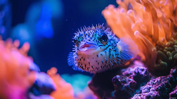 A curious pufferfish exploring the ocean floor, its spiky body puffed up while swimming past bright coral and marine life.