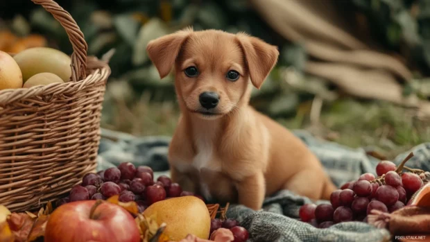A curious puppy exploring a picnic setup with fruits and blankets.