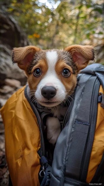 A curious puppy peeks from inside a backpack on a mountain trail.